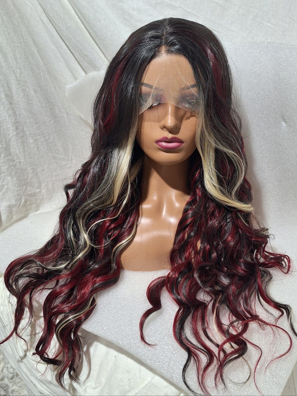 Long Wavy Lace Front Wig with Burgundy and Blonde Highlights Human Hait Blend.